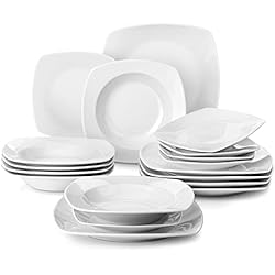 MALACASA, Serie Julia, 18 Piezas Vajilla de Porcelana con 6 Platos de Postre, 6 Platos Hondos y 6 Platos Llanos vajilla completa para 6 persona
