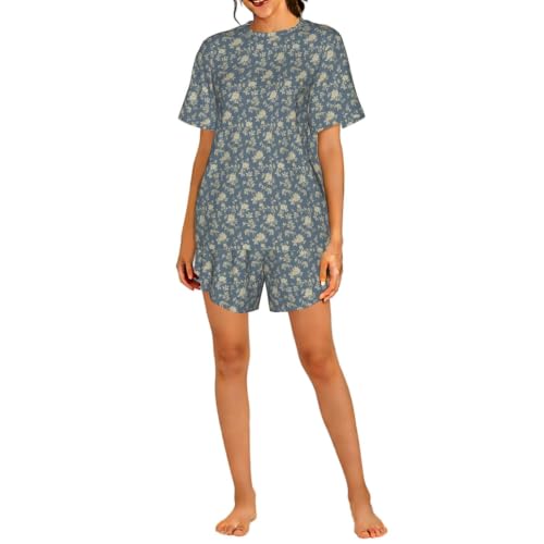 Pyjama court femmes à fleurs bleues et jaunes en coton doux pour la maison