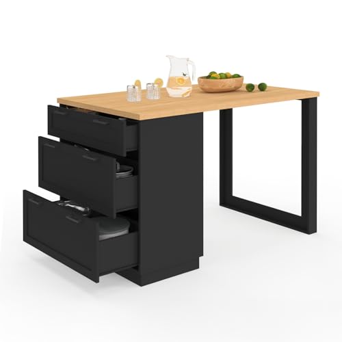 IDMarket - Ilot Central Mange-Debout 4 Personnes VITO 130 cm casserolier 3 tiroirs Noir et Plateau...