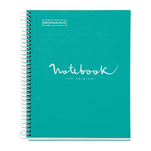 Miquelrius   Cuaderno A5 Notebook Emotions, 80 Hojas 90 g/m², Cuadrícula 5 x 5 mm, 1 Franja de Color, Espiral Microperforado, Cuaderno Cuadriculado, Tapa Extra Rígida, 2 Taladros, Turquesa