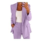 Damen Mode Anzug Business Casual Zweiteiler Elegant Einfarbig Tracksuit Langarm Blazer Hosenanzüge Sommer Herbst Loungewear Hoher Taille Hose Freizeitanzug Temperament Set (Lila, XL)