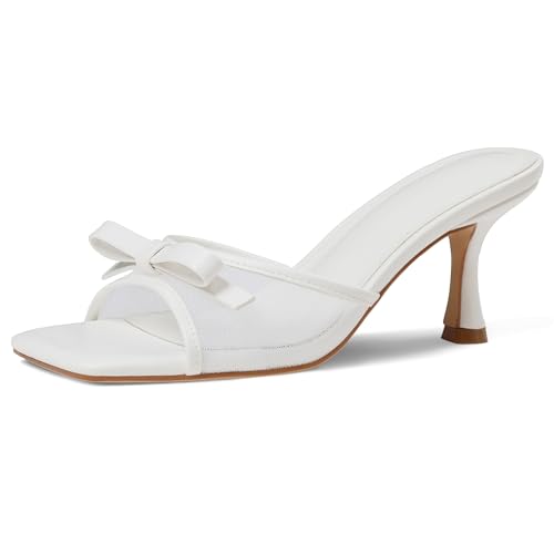 Image of Womens Heeled Sandals Open Square Toe Kitten Heels Sandals Slip On Bow Mesh Mules Heels Comfortable Dress Shoes for Party Wedding