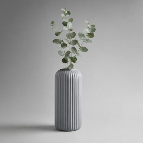 Image of Grey Ribbed Ceramic Flower Vase 6 Inch Matte Pampas Grass & Dried Flower Vase for Home & Office Table Decor Decorative Centerpiece Gift - Vase Only