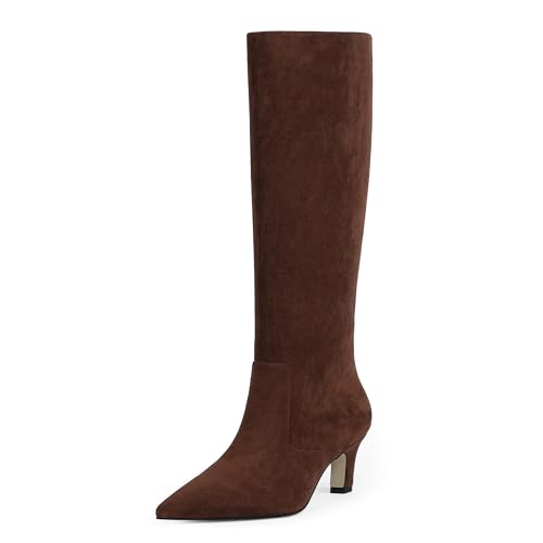 Knee High Boots for Women Pointed Toe Kitten Low Heel Tall Boots Faux Leather Fall Long Boots Side Zipper