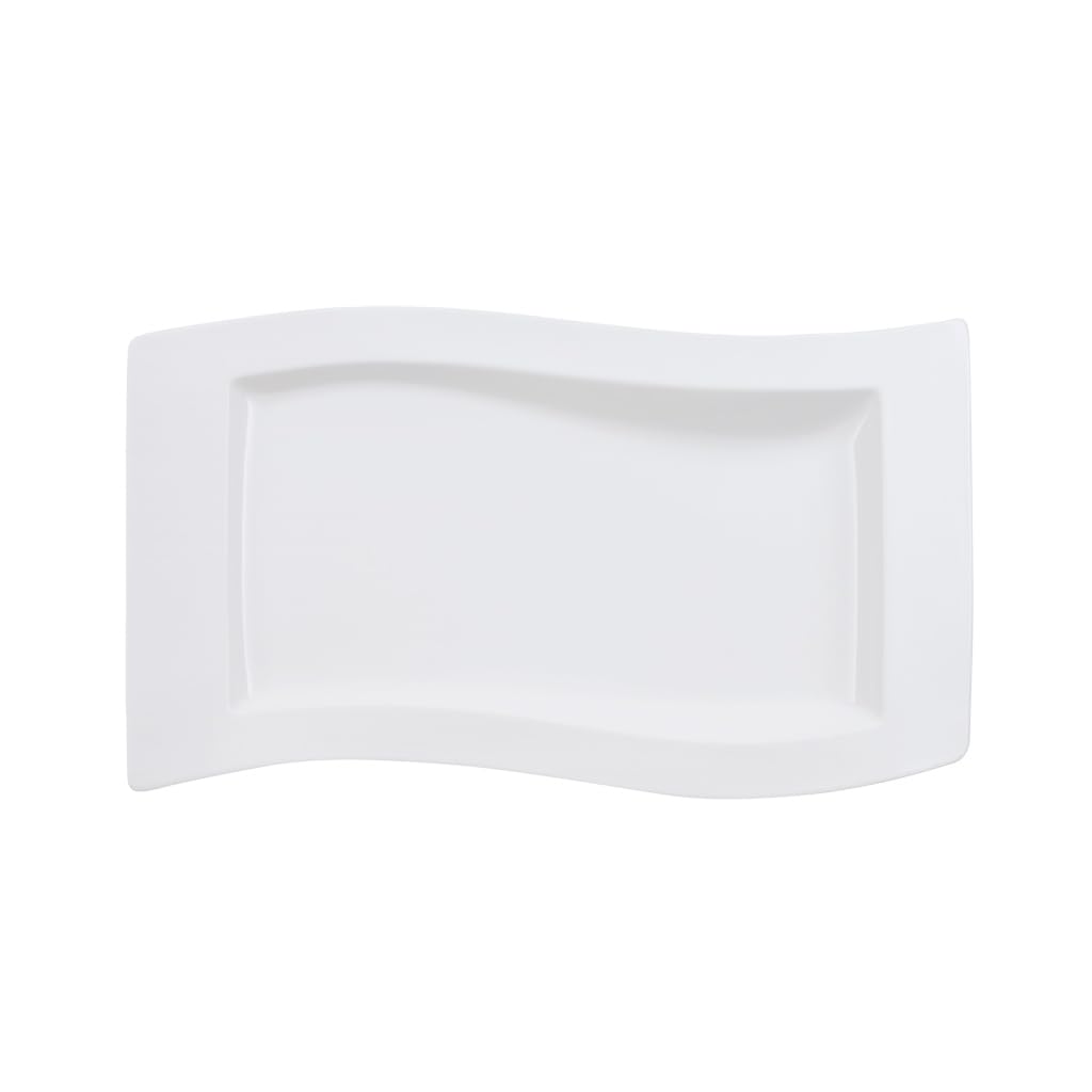 Villeroy und Boch NewWave Servierplatte, eckiger Servierteller, mit geschwungenen Linien, Premium Porzellan, spülmaschinengeeignet, weiß, 49 x 30 cm