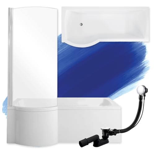 BADLAND Badewanne Original Weiß Acryl Wanne Rechteck INSPIRO 160x70 Links KOMPLETTSET SET mit Weiß Acrylschürze + Füßen und Exklusive Chrom Automatik Ablaufgarnitur Made in EU 4in1