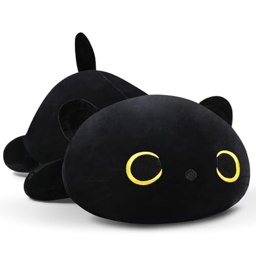 SNOWOLF Almohada de peluche con forma de gato, peluche Kawaii, súper suave, para niñas y niños, regalo de cumpleaños (30 cm, negro)