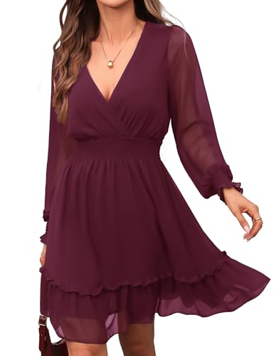 Image of Prettywear Women's Spring Summer Chiffon Long Sleeve Wedding Guest Dresses 2025 Casual Flowy Wrap Neck Mini Dress WineRed