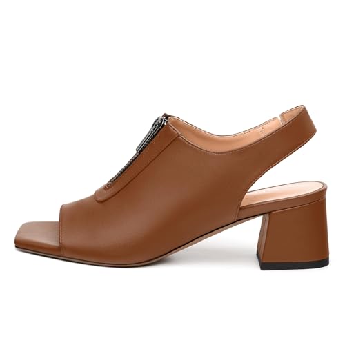 Womens Slingback Pumps, Square Peep Toe Mid Chunky Heel Pumps for Women, Open Toe Backless Pumps with Front Zipper 22