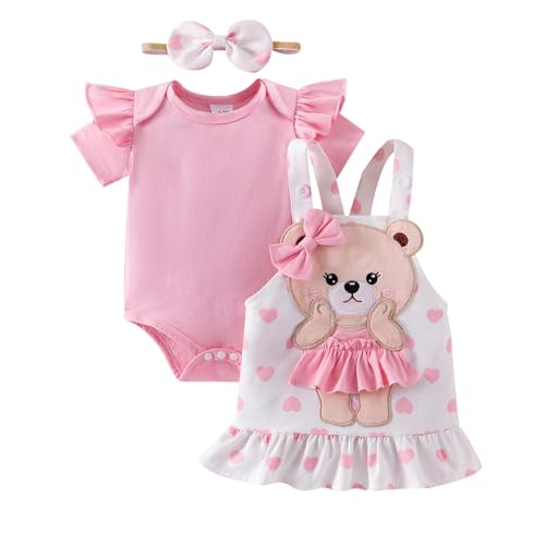 Image of FOCICI Baby Girl Clothes Newborn Suspender Skirt Short Sleeve Ruffle Romper + Cute Love Bear Dress + Bow Headband 0-18 Months