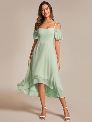 Image of Ever-Pretty Women's Summer Cold Shoulder Hi-Lo Asymmetrical Hem Flowy Chiffon Short Wedding Guest Dress 02103