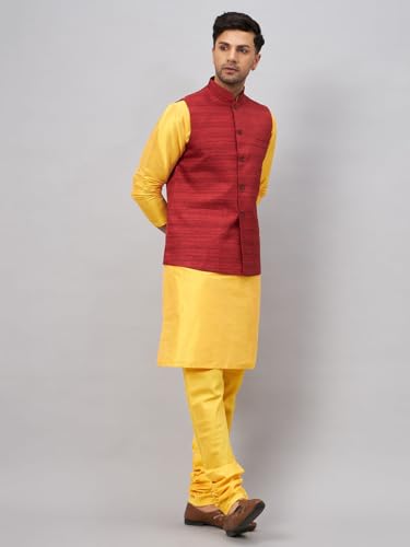 Image of VM Men's Silk Blend Jacket, Kurta and Pyjama Set (VMMJ121MAnK001CRnPCR Yellow 40)
