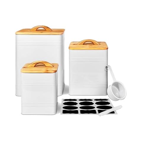 vensovo Kitchen Canisters for Countertop Set of 3 - White Metal Canisters Sets - Farmhouse Food Storage Jars 3pack with Airtight Lids for Kitchen Countertop Cover