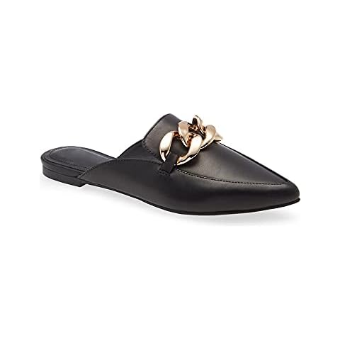Juliet Holy Womens Mules Flats Pointed Toe Backless Loafers Slip on Metal Chain Slides, Black, 5 UK Cover