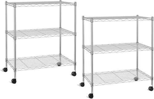 Simple Deluxe 3-Tier Heavy Duty Storage Shelves 750Lb Capacity, 24.02" D x 13.78" W x 29.92" H Adjustable Shelving Unit with Wheels, Chrome, 2 Pack