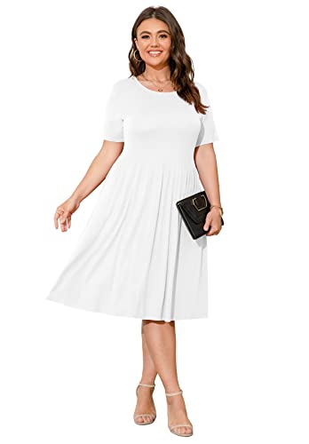Image of POSESHE Womens Plus Size Summer Dress 2026 Casual Short Sleeve Empire Waist Loose Fit Swing T-Shirt Dress with Pockets