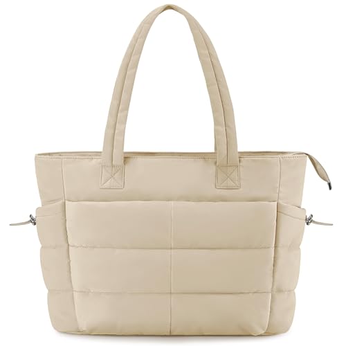 Women Puffer Tote Bag for Work Quilted Puffy Handbag with Laptop Compartments Lightweight Shoulder Bag Casual Handbag with Pockets for Nurse Teacher School