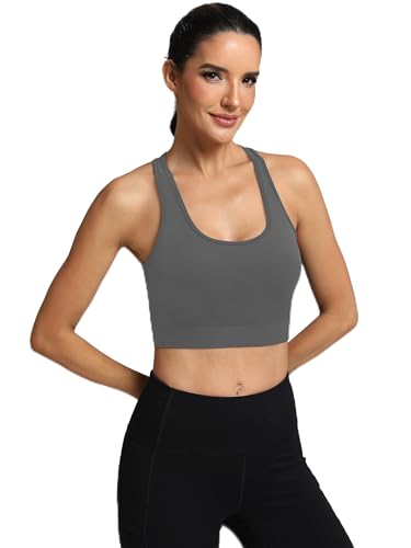 Fihapyli ICTIVE Sports Bras for Women Wirefree Padded Racerback Mesh Back Workout Yoga Running Bra﻿﻿ Grey L