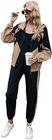 SweatyRocks Women's 2 Piece Outfits Long Sleeve Full Zip Jacket and Pants Tracksuit Set Khaki Black S
