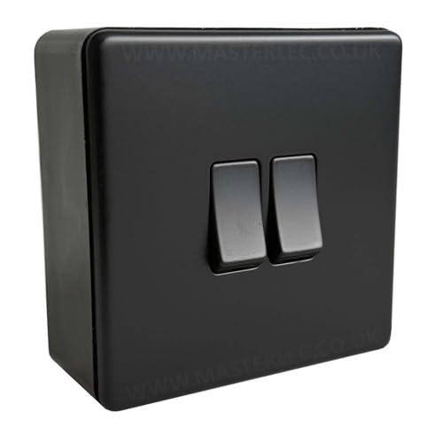 Matt Black Screwless 2 Gang Double Light Switch & 32mm Black Surface Pattress Back Box