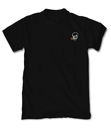 Image of Riot Society Men's Short Sleeve Embroidered Logo T-Shirt, Skull Rose Outline Embroidered (Black), S