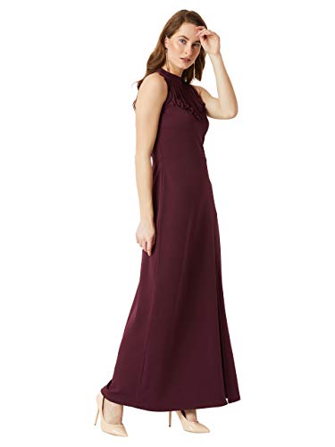 Image of Miss Chase Women's Designer Wine Red Fringed Halter Neck Sleeveless Solid Maxi Front Slit Dress