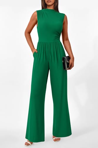 Image of PRETTYGARDEN Women's Summer Dressy Casual Jumpsuits | Cozy Ribbed Fabric, Sleeveless Mock Neck, Back Zipper, Pockets, Wide Leg Pants Rompers, Fashion Clothing, One Piece Outfits