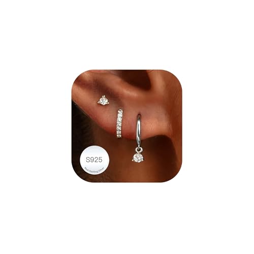 HARJJME 3 Paires Boucles d'oreilles Femme Argent 925/ Plaquée Or 14 Carats Petites Créoles Clous d'Oreilles Ensemble Boucle d'Oreille 3 Trous Piercing Helix...