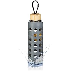 Relaxdays Botella Agua, 550 ml, Botellín con Funda y Tapa Bambú, Cantimplora, Vidrio Borosilicato, Transparente y Gris