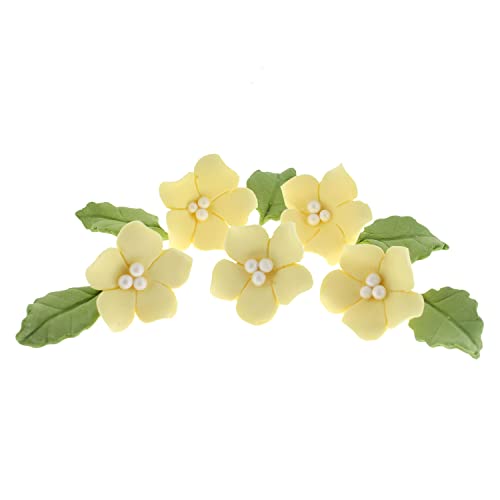 Global Sugar Art Blossoms and Leaves Edible Sugar Cake & Cupcake Flowers, Yellow, Small Unwired, 24 Count with Leaves by Chef Alan Tetreault