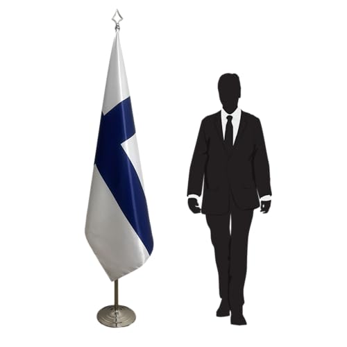 Drapeau Finlande officiel protocolaire avec mât et pied bois pour cérémonies d'ambassade