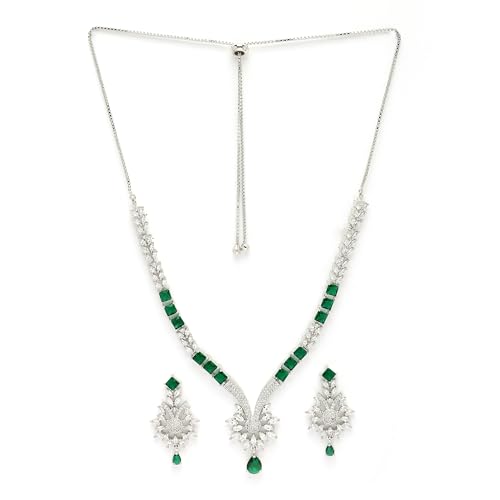 Image of ZENEME Rhodium Plated Brass Silver Toned Floral & Tear Drop Blue Crystal American Diamond Necklace With Earring Jewellery Set For Women