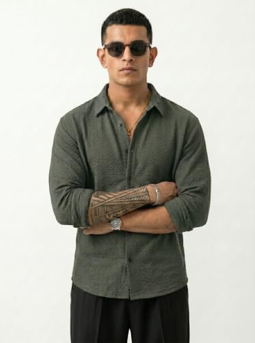 Image of Men's Casual Button Down Shirts Long Sleeve Cotton Bland Shirt Fashion Textured Beach Summer Shirt