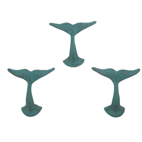 Wowser Light Blue Whale Tail Cast Iron Wall Hooks, Wall Mounted for Hanging Coats, Purses, Towels, Hats, Beach Themed Wall Decor, Set of 3, 4.75 Inches High