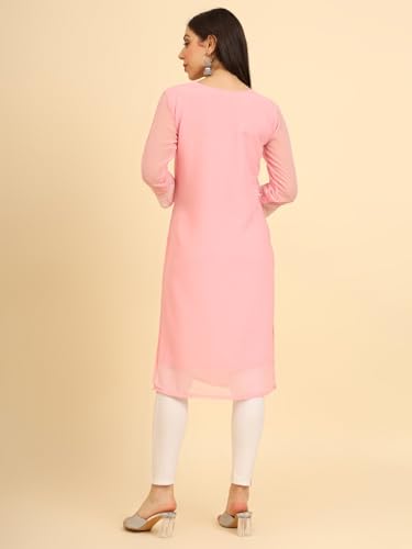 Image of Women's Chikankari-Lucknowi Embroidered Work | 3 /4 Sleeve | Knee Length | Round Neck | Georgette Fabric | Straight Kurta