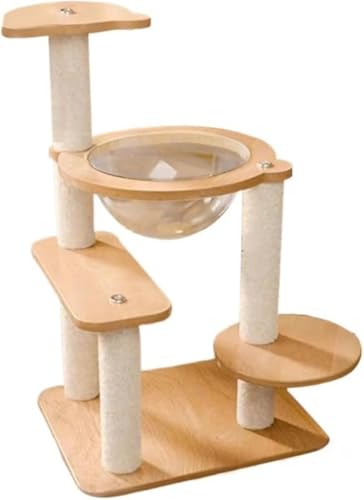 Zxyler キャットタワー|木製低め小型スリム 宇宙船デザイン 天然麻紐 おもちゃ付き 子猫/短足猫向け 省スペース猫ハウス