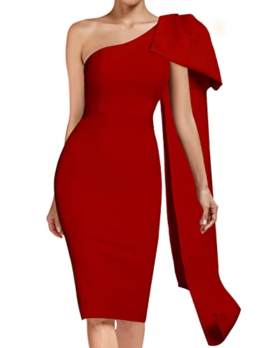 Image of UONBOX Women's One Shoulder Bowknot Long Sleeve Bodycon Knee Length Club Party Bandage Dress
