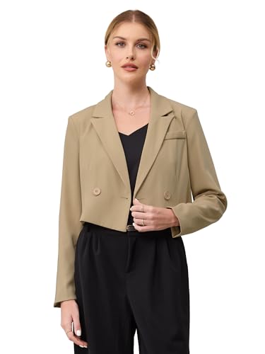 Women's Cropped Blazers Business Casual Double Breasted Long Sleeve Work Suit Jacket