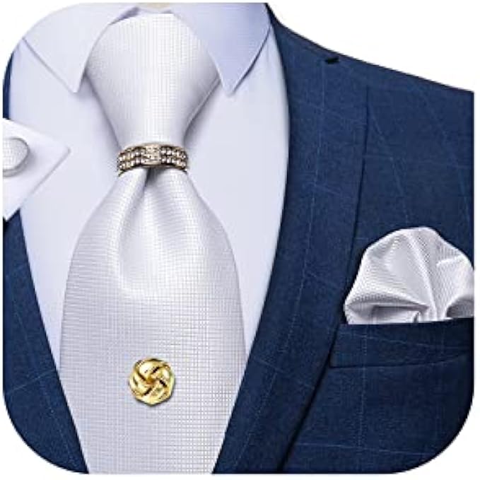 DiBanGu Mens Silk Solid Necktie, Gold Tie Tack with Chain, Gold Tie Ring, Pocket Square, Cuff Links Gift Box Set Formal