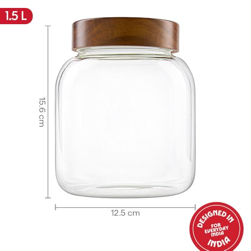 Image of Borosil Glass Jar with Acacia Wood Lid | Borosilicate Glass Storage Jar for Dry Fruits, Spices & Snacks | Airtight Glass Container for Kitchen & Pantry (Roundwood, 1500 ml)