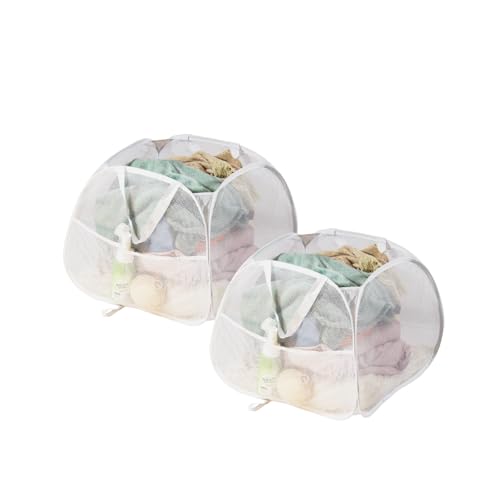 Image of Collapsible Laundry Basket 90L, Foldable Mesh Pop-up Laundry Hamper with Handles, Dirty Clothes Hamper for Laundry with Side Storage Pocket(White, 2PCS)