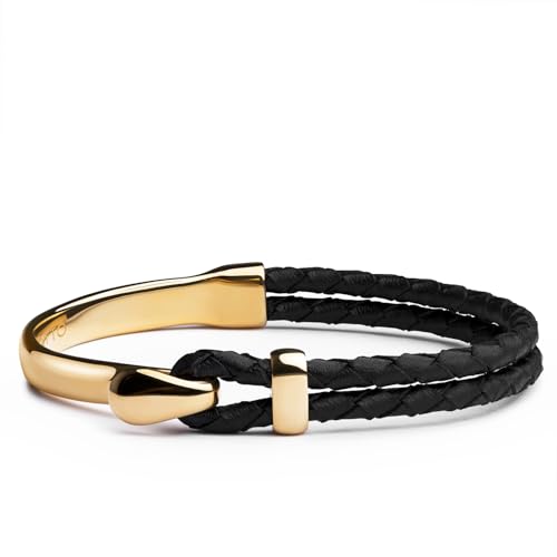 Elegatto Signature Gold Bracelet for Men | Braided Full-Grain Black Leather with 18k Gold-Plated Stainless Steel Hook Closure | Men’s Designer Jewelry Bracelets