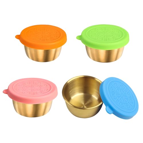 Qaixwuyi 4 Piezas Dorado Recipientes Salsa con Tapa Silicona Pequeño Recipientes Alimentos 40ml Recipiente para Condimentos Acero Inox Recipientes Edulcorantes Picnic Snack