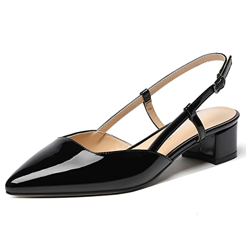 WAYDERNS Women's Pointed Toe Patent Slingback Ankle Strap Chunky Low Heel Pumps Business Work Dress Shoes 1.5 Inch