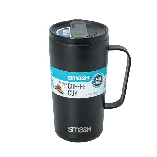 Smash Stainless Steel Twist & Lock Brew Travel Coffee Mug with Handle 475ml/ 16 fl oz Black