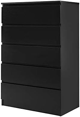 3/4/5/6 Wooden Chest Of Drawers with Metal Runner No Handle Modern Bedroom Bedside Storage Cabinet Unit for Hallway Living Room (Black, 5 Drawer Chest)