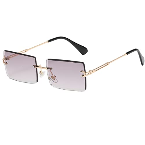 Ggpyyon Gafas de sol rectangulares sin montura vintage, gafas cuadradas Y2K transparentes para mujeres y hombres, Dorado/Gradiente Gris Cover