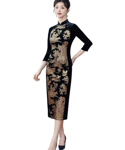 HEARTTOUCH Elegant Women's Velvet Cheongsam Vintage Chinese Qipao Cocktail Party Bodycon Dresses Long Summer Qipao