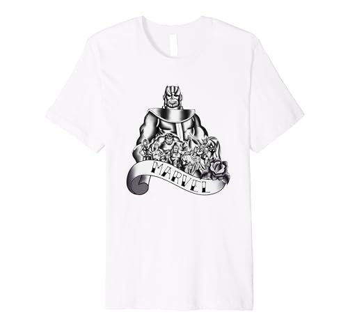 T-shirt Thanos et Avengers Marvel illustration style tatouage épuré
