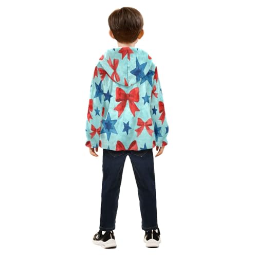 Red Bows and Blue Stars Toddler Fleece Jacket Girl Boys Hooded Fleece Jacket Coat Warm Outwear Zip-up 3-10T4